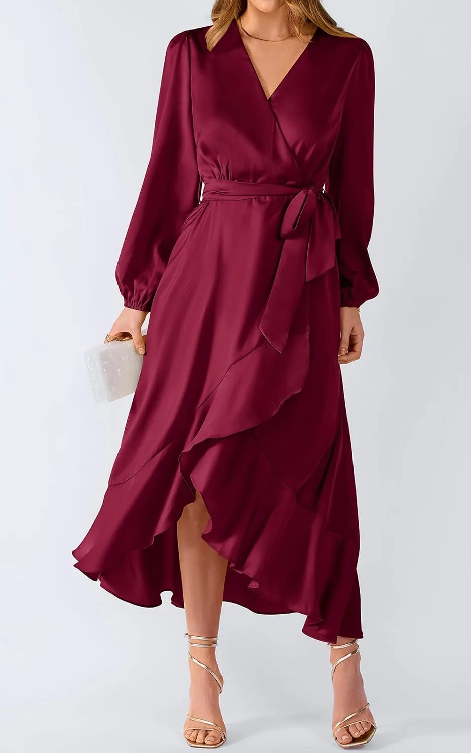 PRETTYGARDEN Women's Spring Dresses Casual Long Sleeve Wrap V Neck Maxi Dress Ruffle High Low Wedding Guest Dress Spring 2025
