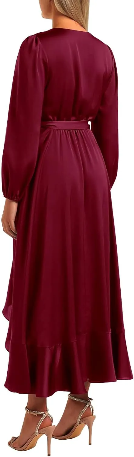 PRETTYGARDEN Women's Spring Dresses Casual Long Sleeve Wrap V Neck Maxi Dress Ruffle High Low Wedding Guest Dress Spring 2025