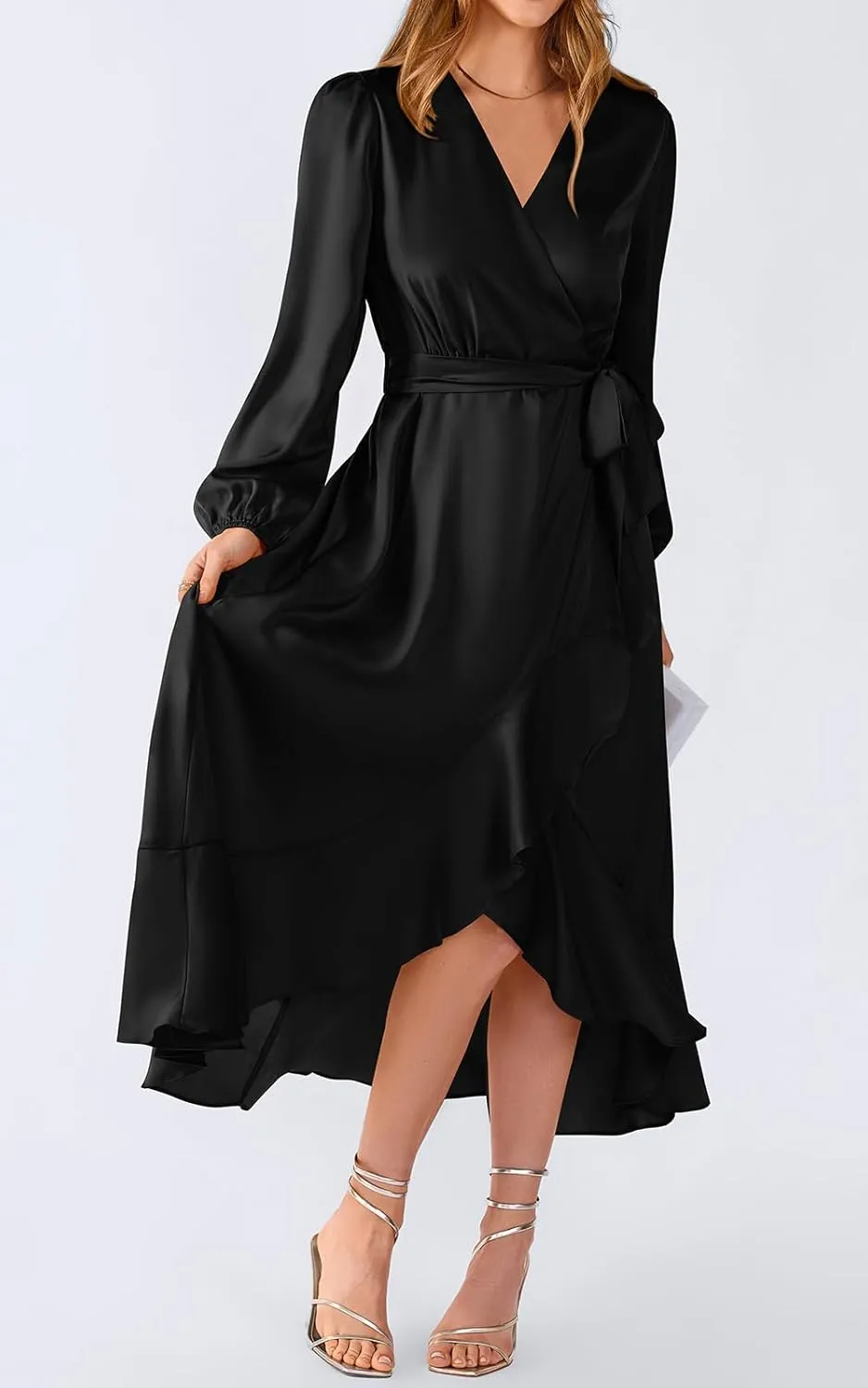 PRETTYGARDEN Women's Spring Dresses Casual Long Sleeve Wrap V Neck Maxi Dress Ruffle High Low Wedding Guest Dress Spring 2025