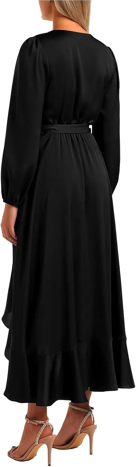 PRETTYGARDEN Women's Spring Dresses Casual Long Sleeve Wrap V Neck Maxi Dress Ruffle High Low Wedding Guest Dress Spring 2025