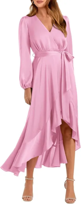 PRETTYGARDEN Women's Spring Dresses Casual Long Sleeve Wrap V Neck Maxi Dress Ruffle High Low Wedding Guest Dress Spring 2025