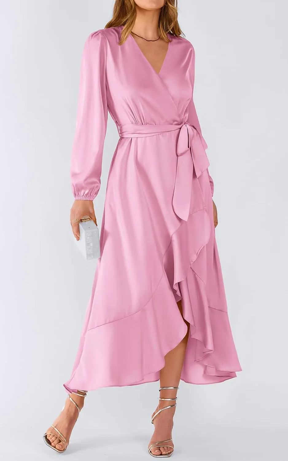 PRETTYGARDEN Women's Spring Dresses Casual Long Sleeve Wrap V Neck Maxi Dress Ruffle High Low Wedding Guest Dress Spring 2025
