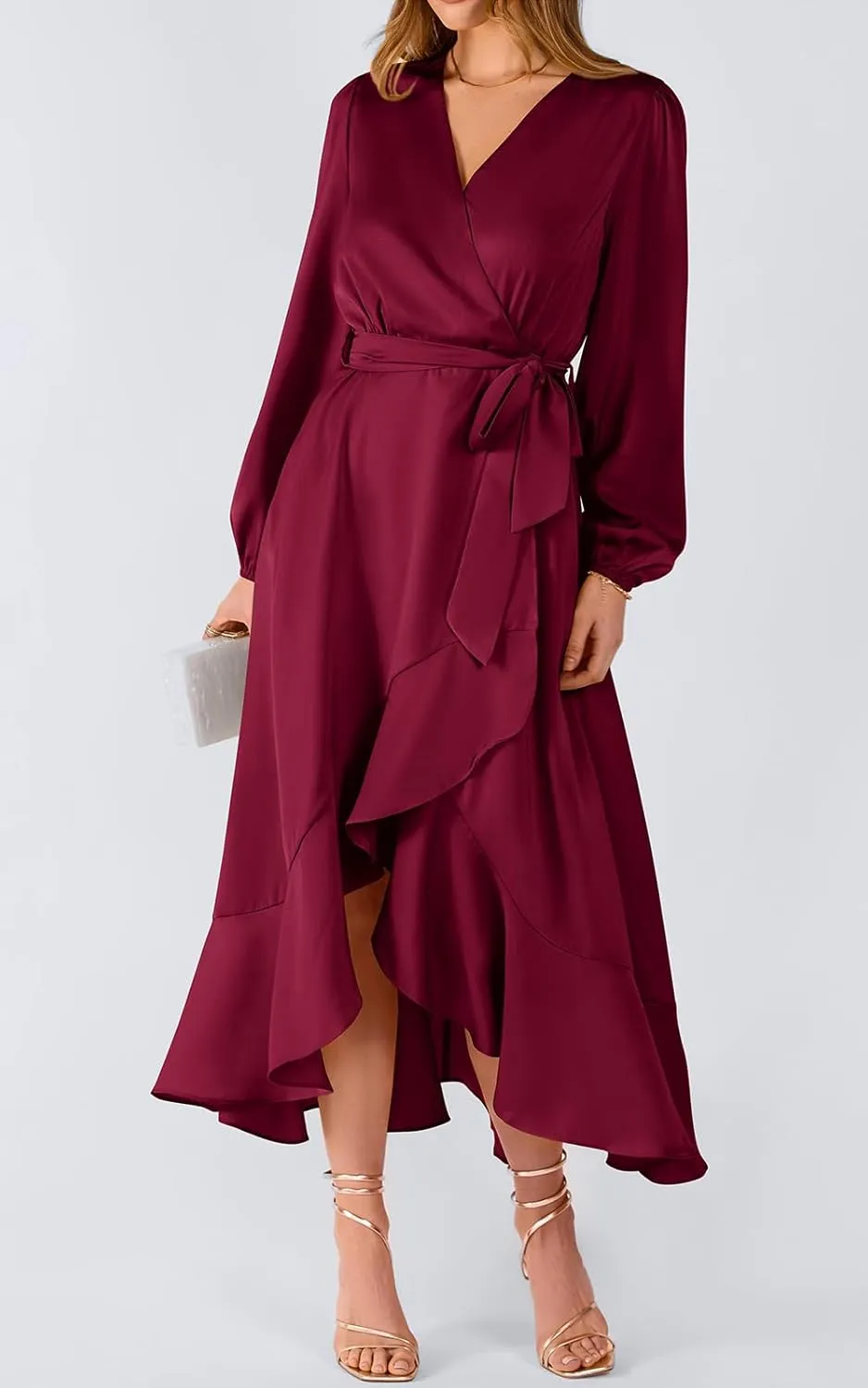 PRETTYGARDEN Women's Spring Dresses Casual Long Sleeve Wrap V Neck Maxi Dress Ruffle High Low Wedding Guest Dress Spring 2025