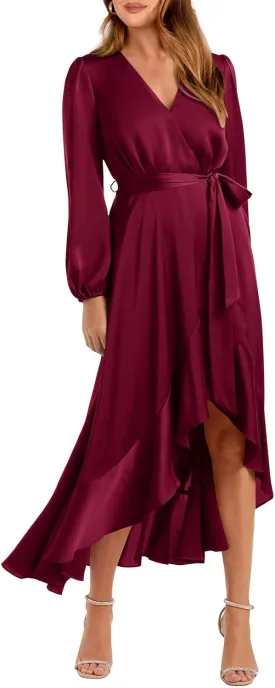 PRETTYGARDEN Women's Spring Dresses Casual Long Sleeve Wrap V Neck Maxi Dress Ruffle High Low Wedding Guest Dress Spring 2025
