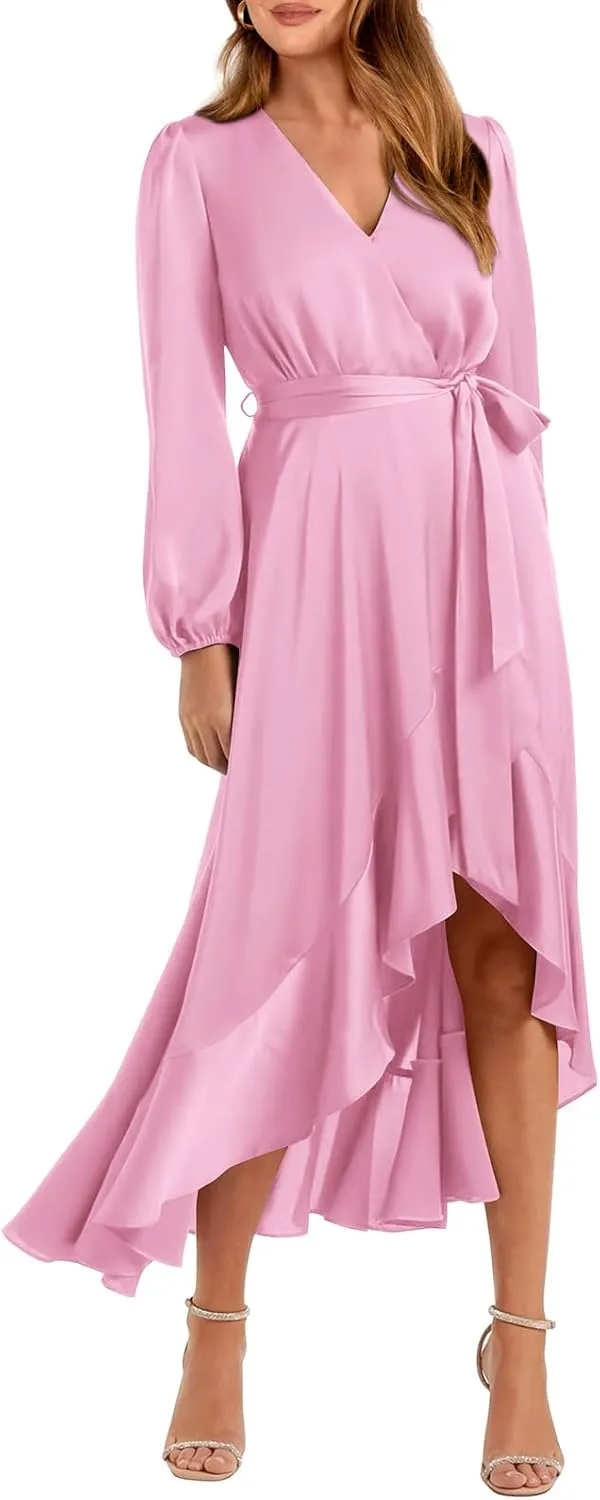 PRETTYGARDEN Women's Spring Dresses Casual Long Sleeve Wrap V Neck Maxi Dress Ruffle High Low Wedding Guest Dress Spring 2025