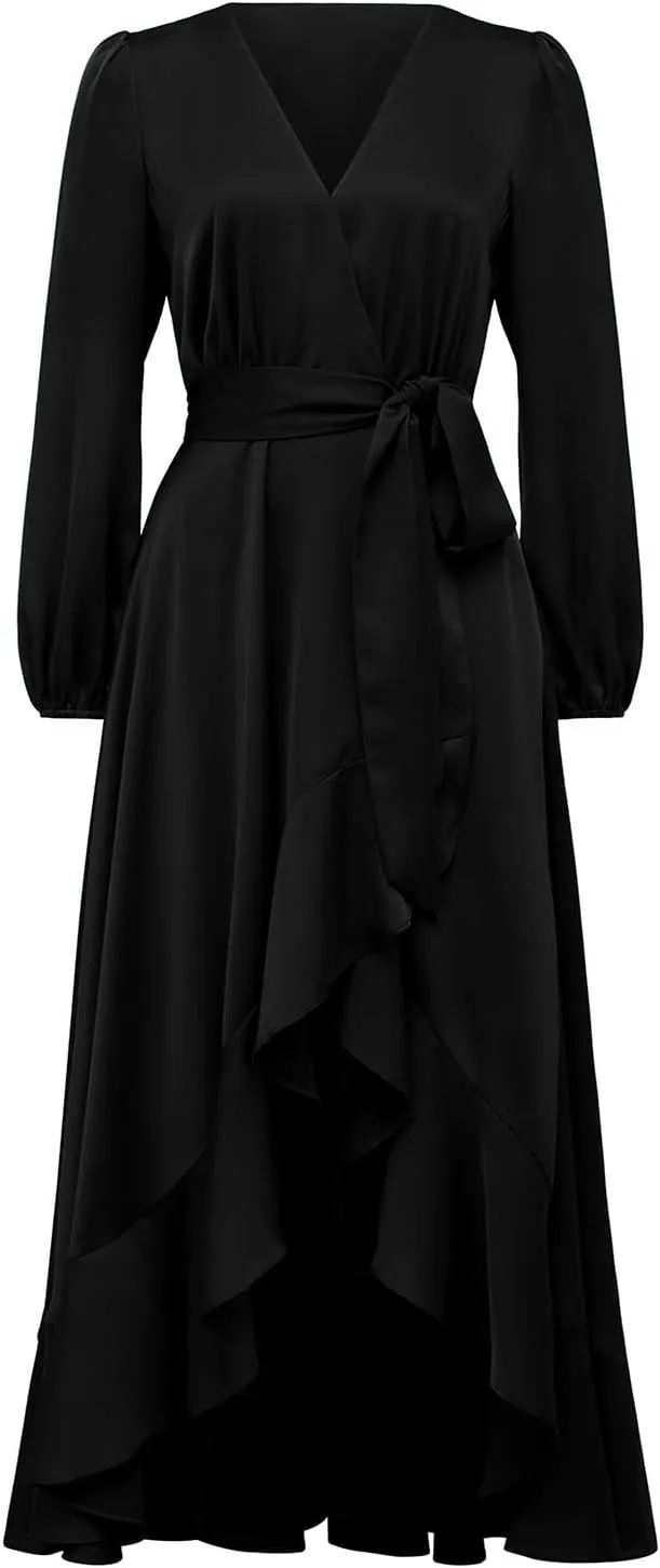 PRETTYGARDEN Women's Spring Dresses Casual Long Sleeve Wrap V Neck Maxi Dress Ruffle High Low Wedding Guest Dress Spring 2025