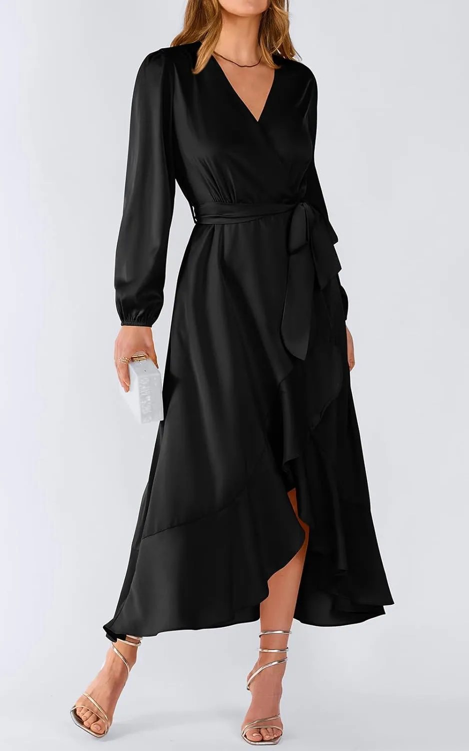 PRETTYGARDEN Women's Spring Dresses Casual Long Sleeve Wrap V Neck Maxi Dress Ruffle High Low Wedding Guest Dress Spring 2025