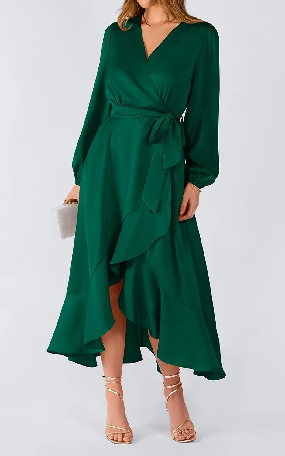 PRETTYGARDEN Women's Spring Dresses Casual Long Sleeve Wrap V Neck Maxi Dress Ruffle High Low Wedding Guest Dress Spring 2025