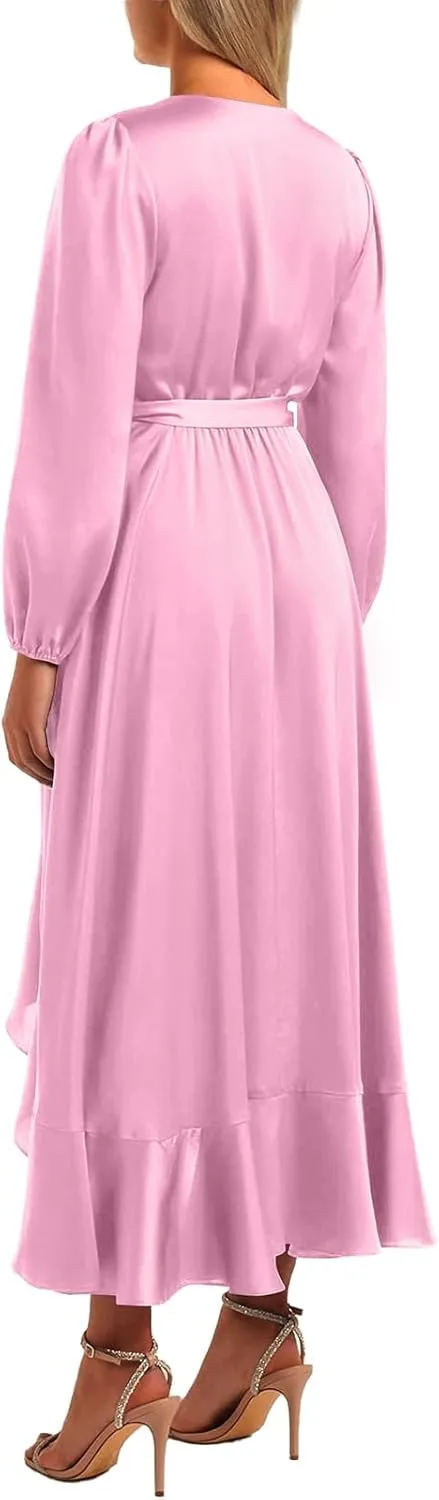 PRETTYGARDEN Women's Spring Dresses Casual Long Sleeve Wrap V Neck Maxi Dress Ruffle High Low Wedding Guest Dress Spring 2025