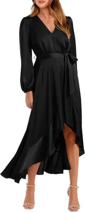 PRETTYGARDEN Women's Spring Dresses Casual Long Sleeve Wrap V Neck Maxi Dress Ruffle High Low Wedding Guest Dress Spring 2025