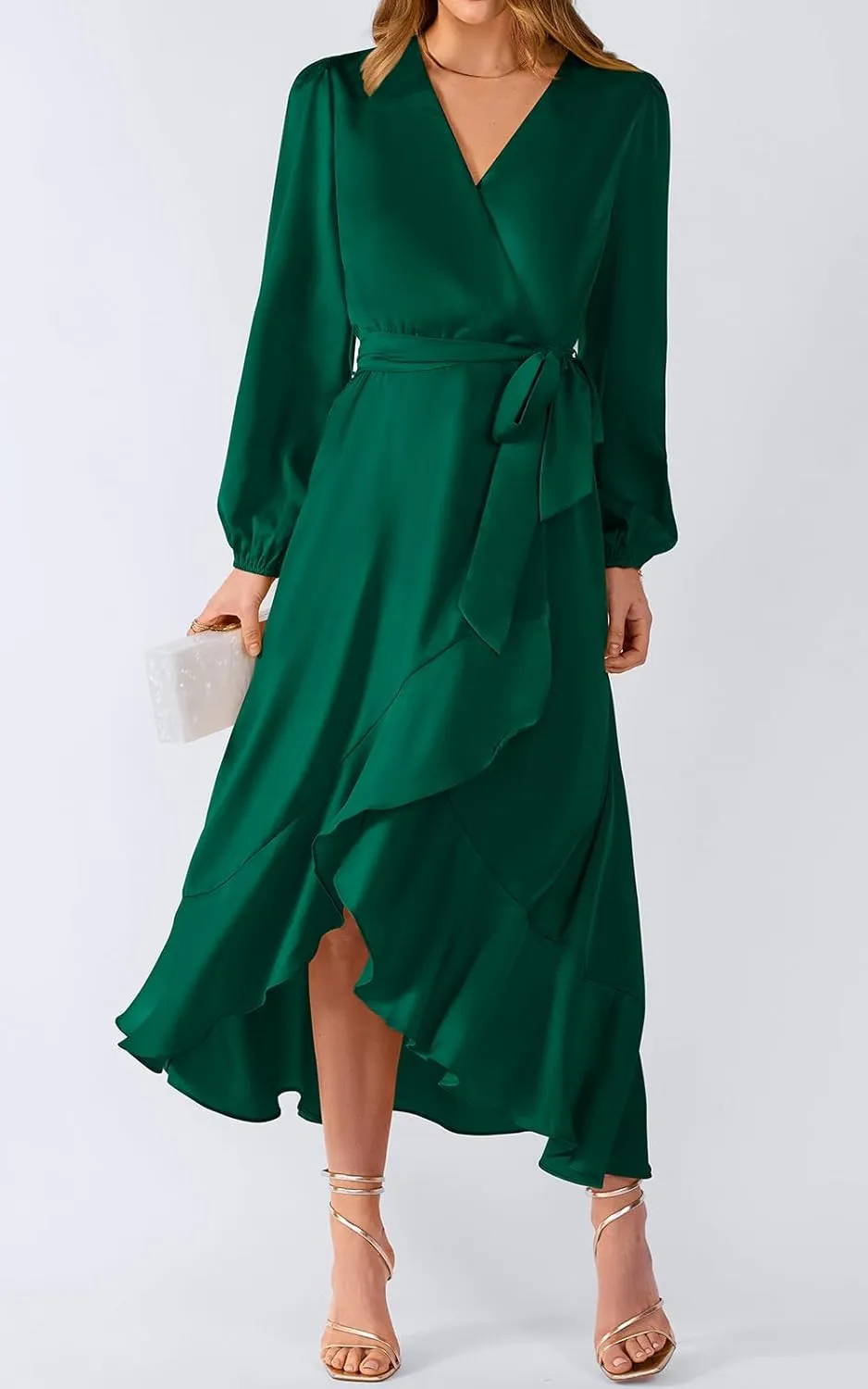 PRETTYGARDEN Women's Spring Dresses Casual Long Sleeve Wrap V Neck Maxi Dress Ruffle High Low Wedding Guest Dress Spring 2025