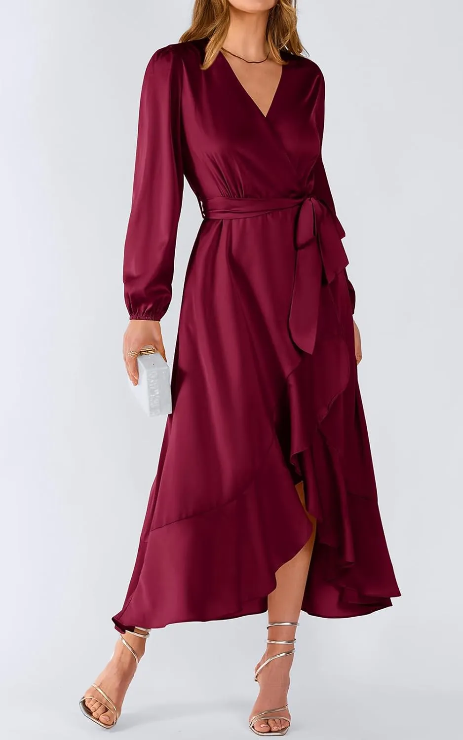 PRETTYGARDEN Women's Spring Dresses Casual Long Sleeve Wrap V Neck Maxi Dress Ruffle High Low Wedding Guest Dress Spring 2025