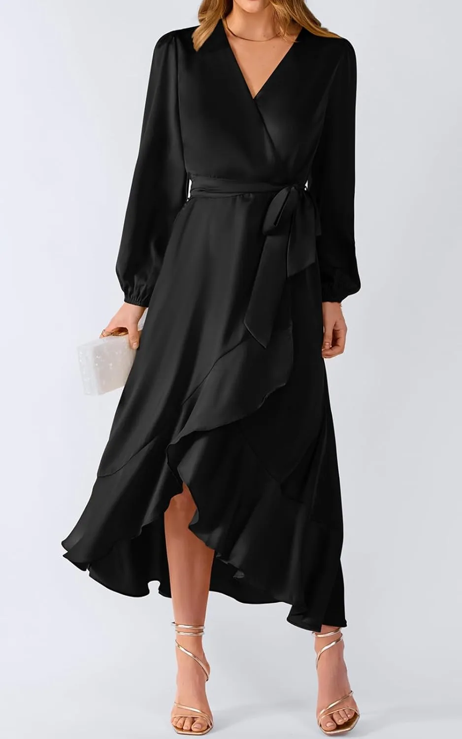 PRETTYGARDEN Women's Spring Dresses Casual Long Sleeve Wrap V Neck Maxi Dress Ruffle High Low Wedding Guest Dress Spring 2025