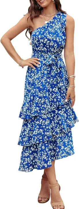 PRETTYGARDEN Women's Summer Floral Sundress Casual One Shoulder Tiered Ruffle Flowy Midi Beach Boho Dresses