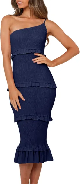 PRETTYGARDEN Women's Summer Midi Bodycon Dresses One Shoulder Strappy Tiered Ruffle Floral Boho Sun Dress