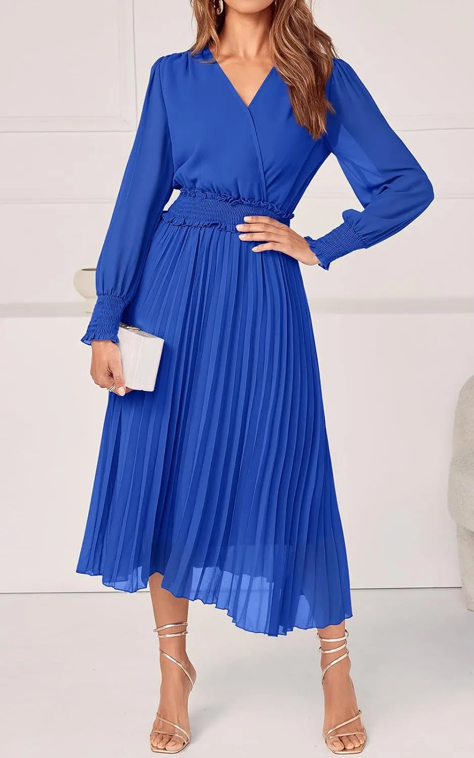 PRETTYGARDEN Womens Wrap V Neck Spring Dresses Wedding Guest Casual Pleated Long Sleeve Midi Dress Ruffle Smocked Long Dress