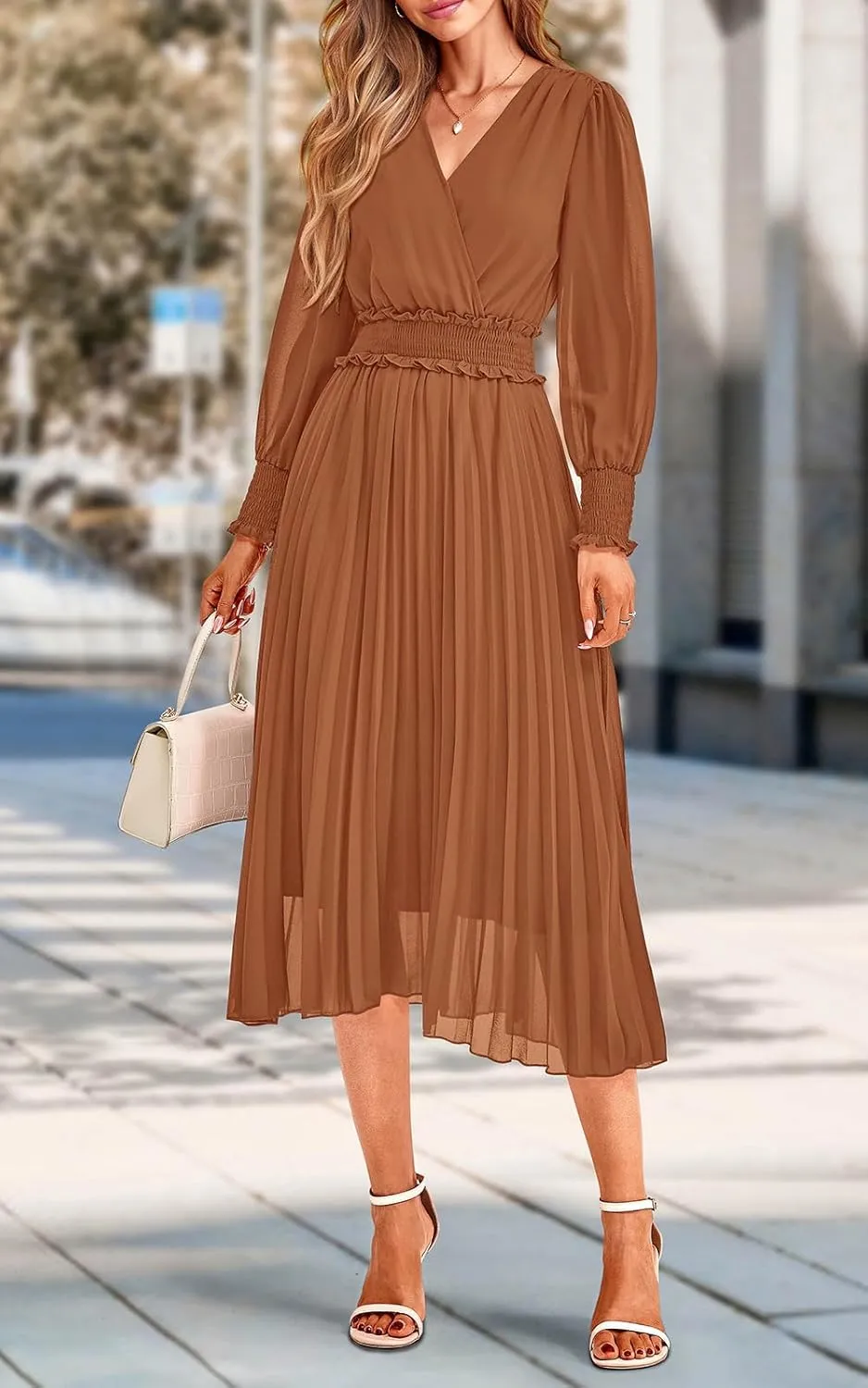PRETTYGARDEN Womens Wrap V Neck Spring Dresses Wedding Guest Casual Pleated Long Sleeve Midi Dress Ruffle Smocked Long Dress