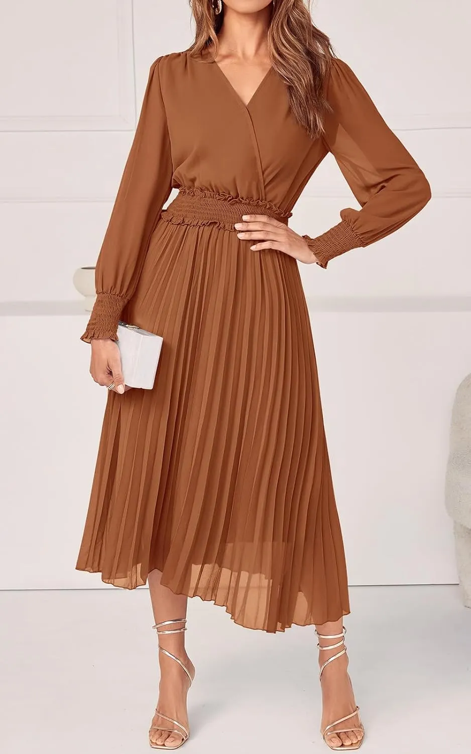 PRETTYGARDEN Womens Wrap V Neck Spring Dresses Wedding Guest Casual Pleated Long Sleeve Midi Dress Ruffle Smocked Long Dress