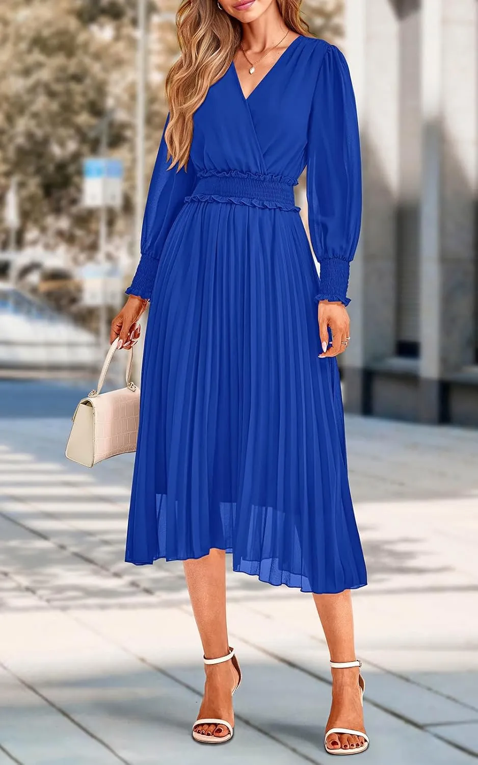 PRETTYGARDEN Womens Wrap V Neck Spring Dresses Wedding Guest Casual Pleated Long Sleeve Midi Dress Ruffle Smocked Long Dress