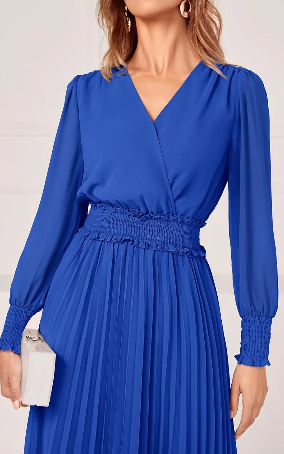 PRETTYGARDEN Womens Wrap V Neck Spring Dresses Wedding Guest Casual Pleated Long Sleeve Midi Dress Ruffle Smocked Long Dress