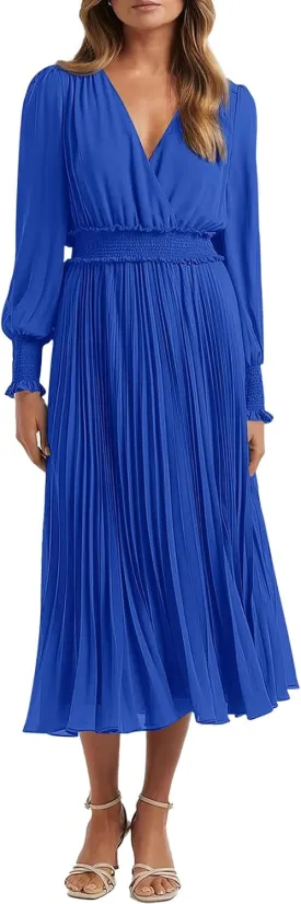 PRETTYGARDEN Womens Wrap V Neck Spring Dresses Wedding Guest Casual Pleated Long Sleeve Midi Dress Ruffle Smocked Long Dress