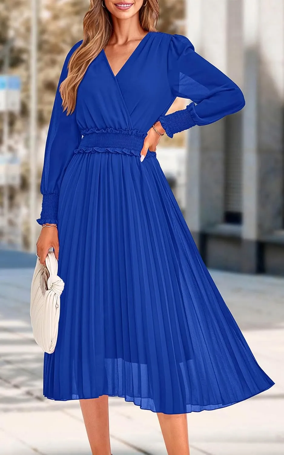 PRETTYGARDEN Womens Wrap V Neck Spring Dresses Wedding Guest Casual Pleated Long Sleeve Midi Dress Ruffle Smocked Long Dress