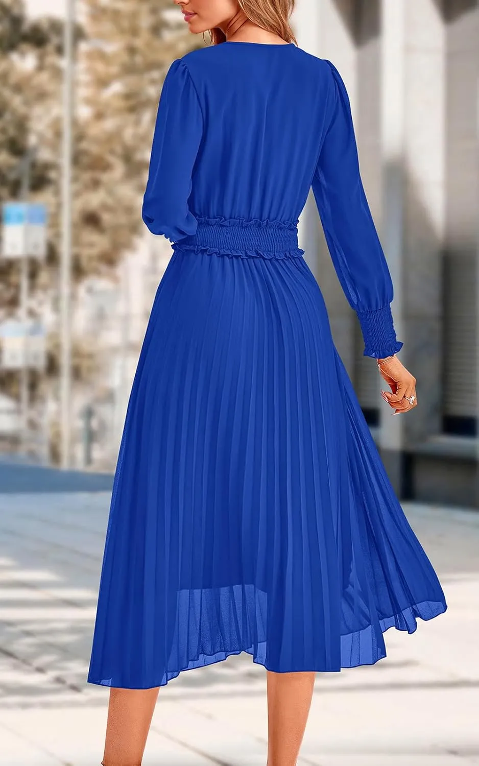 PRETTYGARDEN Womens Wrap V Neck Spring Dresses Wedding Guest Casual Pleated Long Sleeve Midi Dress Ruffle Smocked Long Dress