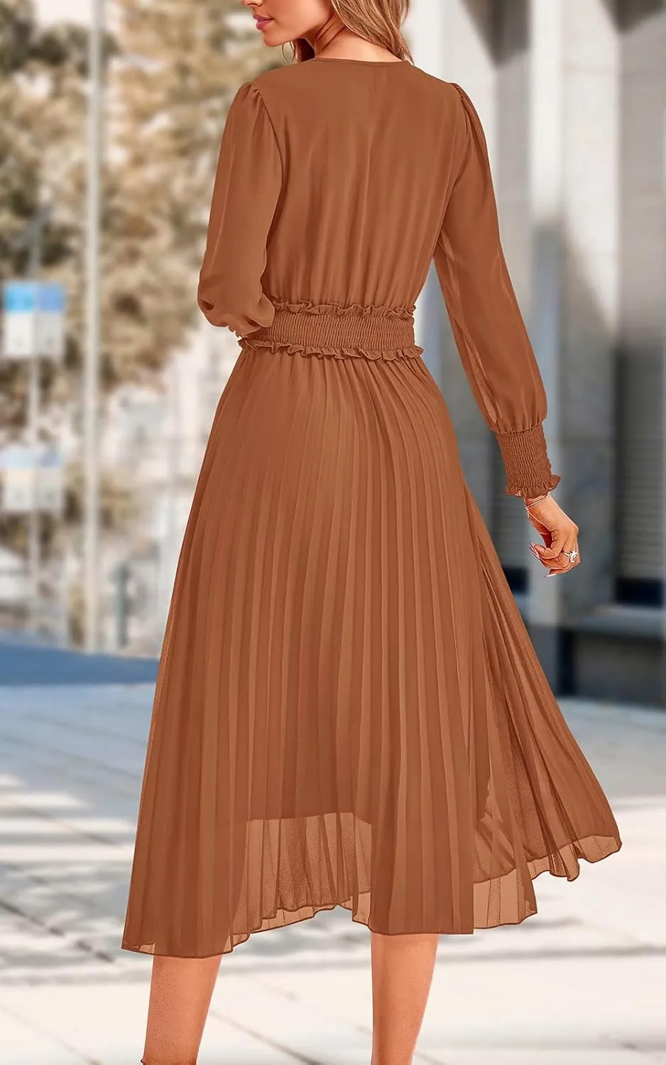PRETTYGARDEN Womens Wrap V Neck Spring Dresses Wedding Guest Casual Pleated Long Sleeve Midi Dress Ruffle Smocked Long Dress