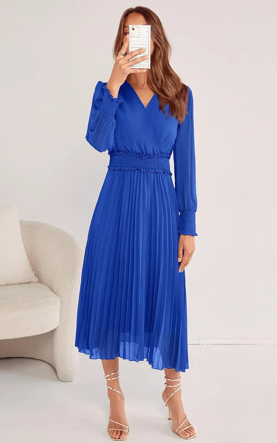 PRETTYGARDEN Womens Wrap V Neck Spring Dresses Wedding Guest Casual Pleated Long Sleeve Midi Dress Ruffle Smocked Long Dress
