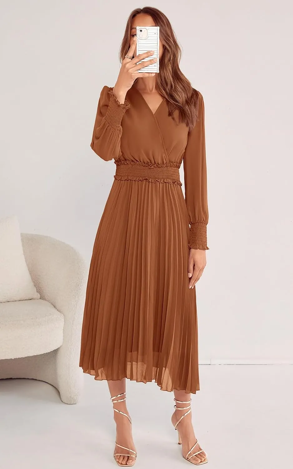 PRETTYGARDEN Womens Wrap V Neck Spring Dresses Wedding Guest Casual Pleated Long Sleeve Midi Dress Ruffle Smocked Long Dress