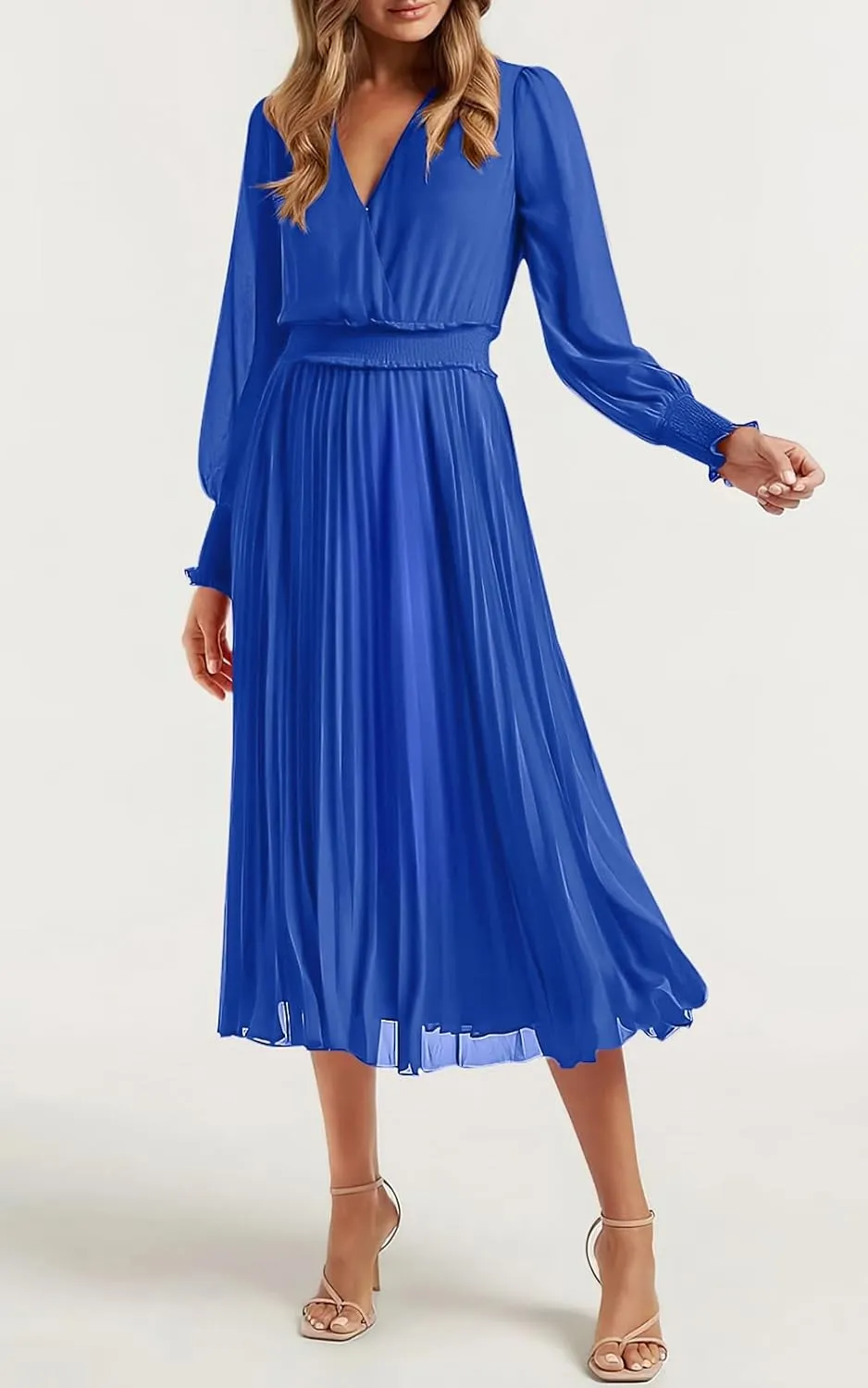 PRETTYGARDEN Womens Wrap V Neck Spring Dresses Wedding Guest Casual Pleated Long Sleeve Midi Dress Ruffle Smocked Long Dress