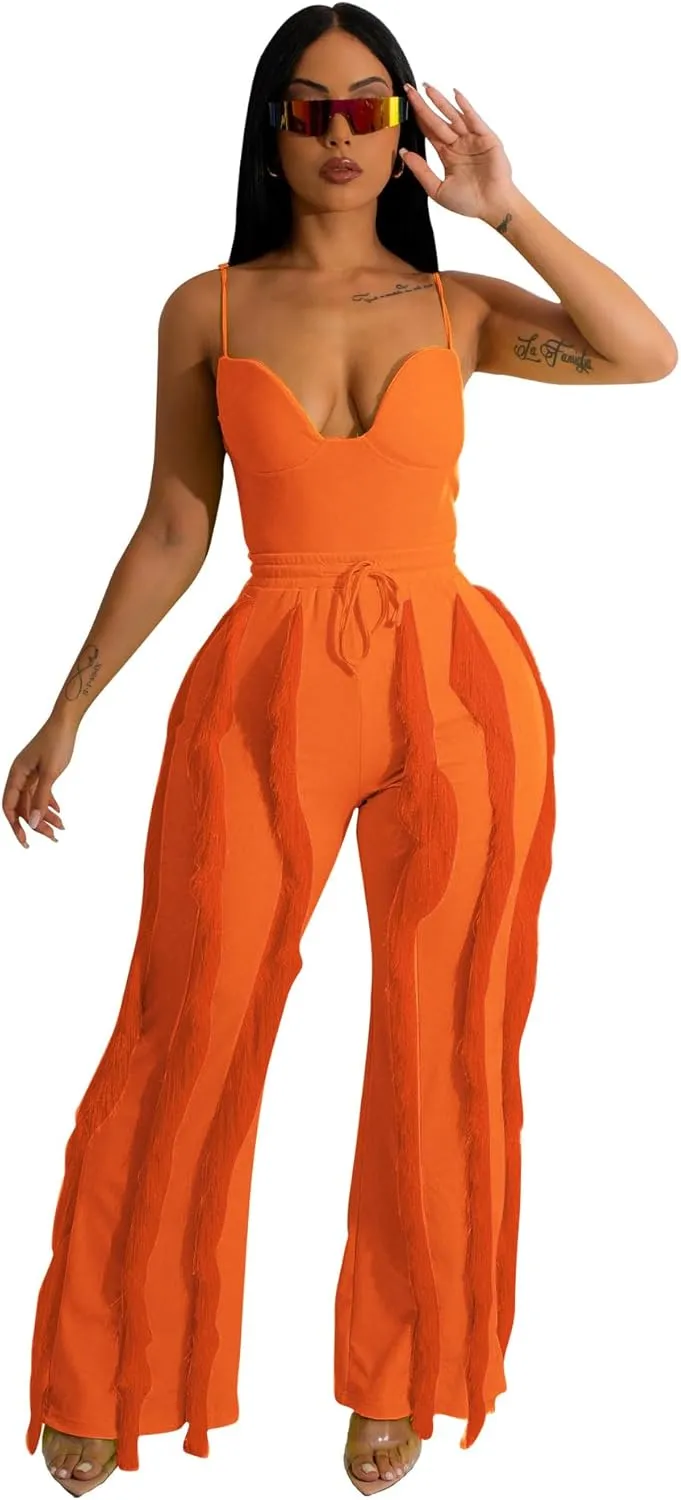 PRIVIMIX Women 2 Piece Outfits Fringe Tassel Long Pants Set Adjustable Suspenders Bodysuit Spaghetti Strap Clubwear Jumpsuits