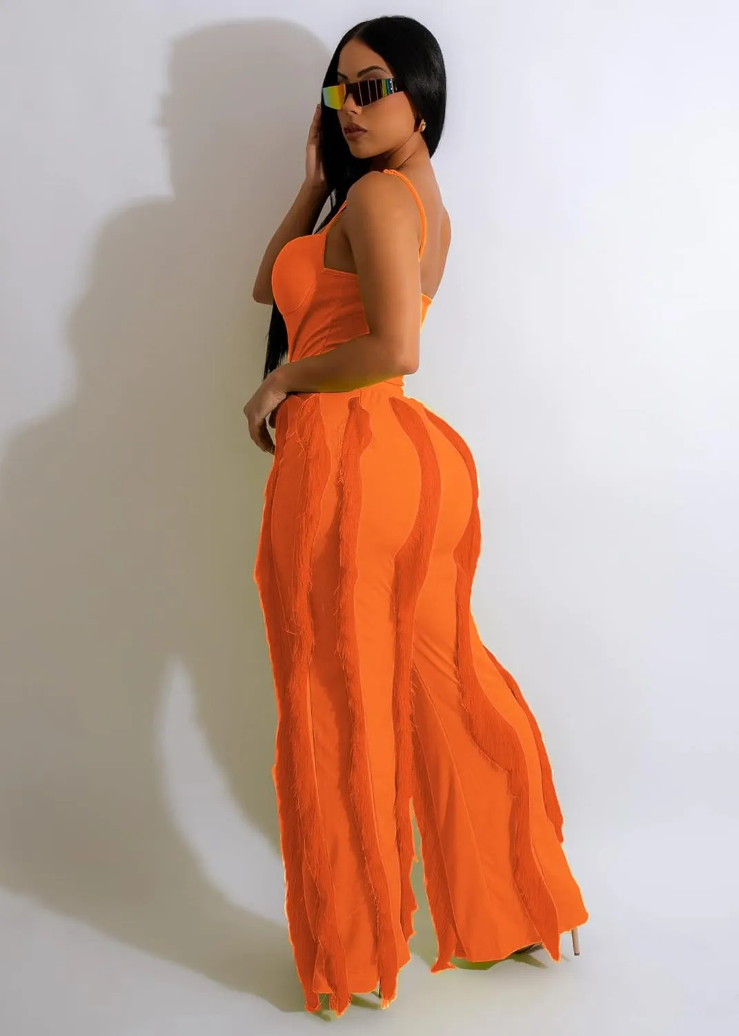 PRIVIMIX Women 2 Piece Outfits Fringe Tassel Long Pants Set Adjustable Suspenders Bodysuit Spaghetti Strap Clubwear Jumpsuits