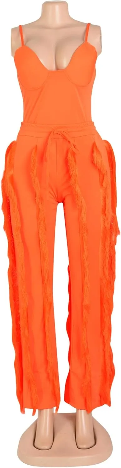 PRIVIMIX Women 2 Piece Outfits Fringe Tassel Long Pants Set Adjustable Suspenders Bodysuit Spaghetti Strap Clubwear Jumpsuits