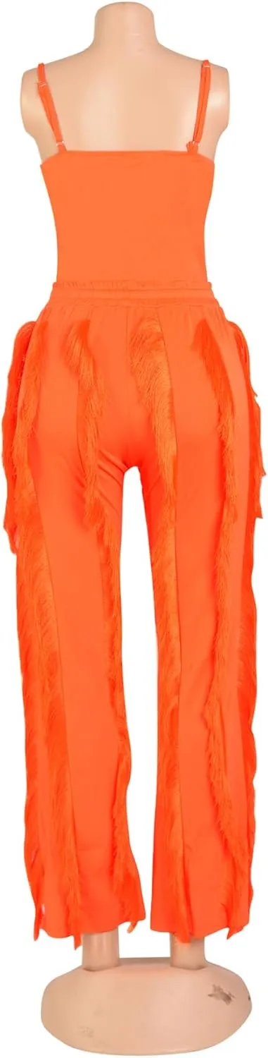 PRIVIMIX Women 2 Piece Outfits Fringe Tassel Long Pants Set Adjustable Suspenders Bodysuit Spaghetti Strap Clubwear Jumpsuits