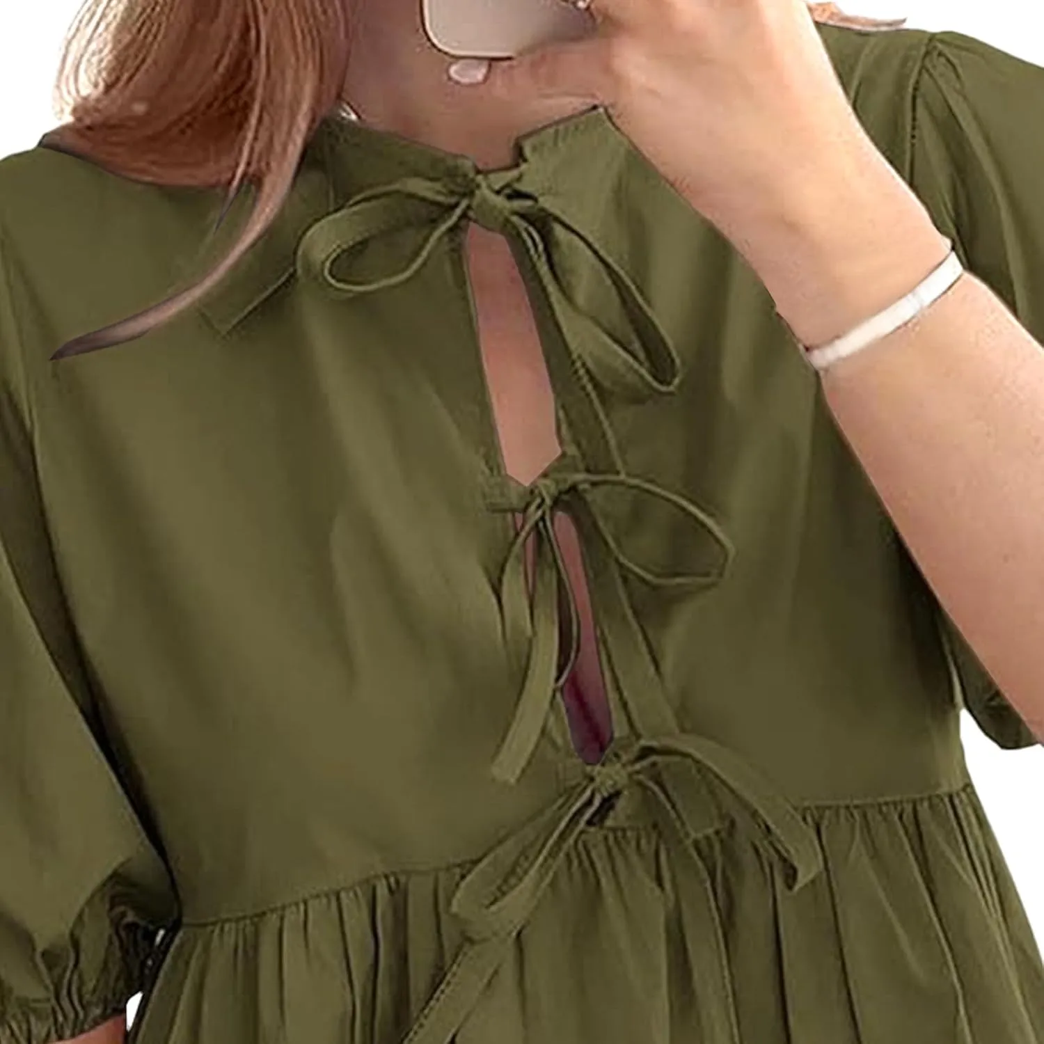 Puff Sleeve Dress for Women Summer Short Sleeve Mini Babydoll Dress Bow Front Tie Cute Pleated A Line Tunic Dresses