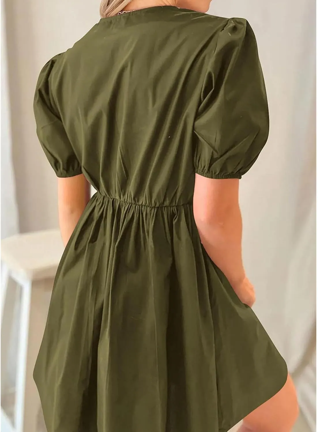 Puff Sleeve Dress for Women Summer Short Sleeve Mini Babydoll Dress Bow Front Tie Cute Pleated A Line Tunic Dresses
