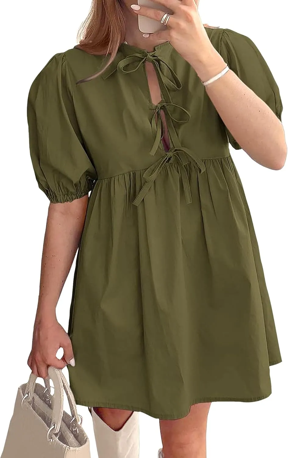 Puff Sleeve Dress for Women Summer Short Sleeve Mini Babydoll Dress Bow Front Tie Cute Pleated A Line Tunic Dresses