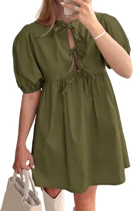 Puff Sleeve Dress for Women Summer Short Sleeve Mini Babydoll Dress Bow Front Tie Cute Pleated A Line Tunic Dresses