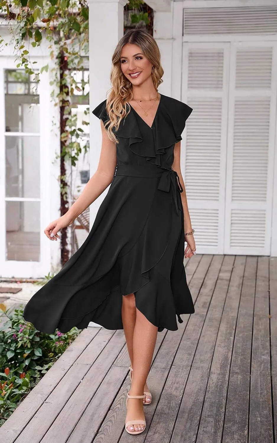RETTYGARDEN Women's 2025 Summer Cross Midi Dress Casual Boho Deep V Neck Short Sleeve Ruffle Hem Split Beach Long Dresses