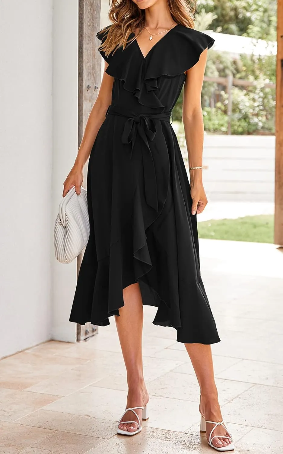 RETTYGARDEN Women's 2025 Summer Cross Midi Dress Casual Boho Deep V Neck Short Sleeve Ruffle Hem Split Beach Long Dresses