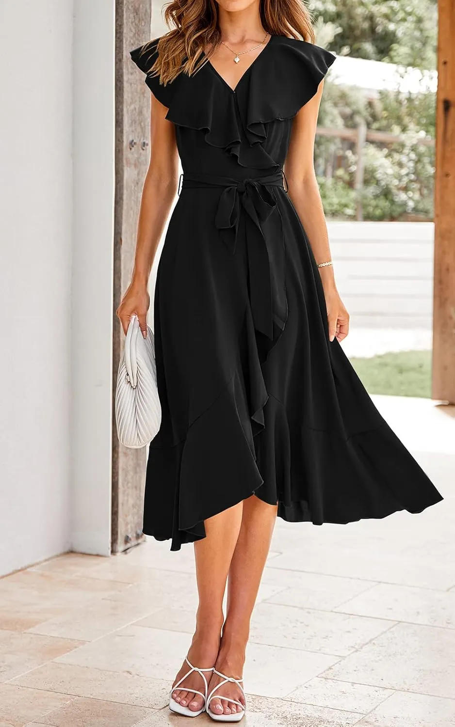RETTYGARDEN Women's 2025 Summer Cross Midi Dress Casual Boho Deep V Neck Short Sleeve Ruffle Hem Split Beach Long Dresses