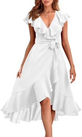 RETTYGARDEN Women's 2025 Summer Cross Midi Dress Casual Boho Deep V Neck Short Sleeve Ruffle Hem Split Beach Long Dresses