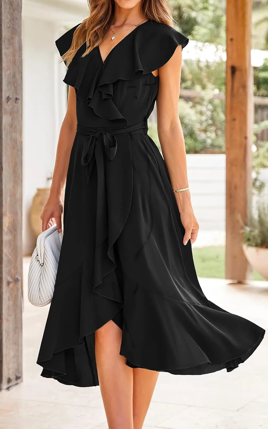RETTYGARDEN Women's 2025 Summer Cross Midi Dress Casual Boho Deep V Neck Short Sleeve Ruffle Hem Split Beach Long Dresses