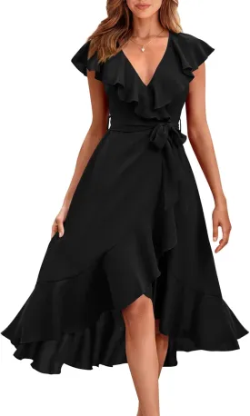 RETTYGARDEN Women's 2025 Summer Cross Midi Dress Casual Boho Deep V Neck Short Sleeve Ruffle Hem Split Beach Long Dresses