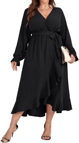 SCOMCHIC Women Plus Size Wedding Guest Maxi Dress Long Sleeve Faux Wrap V Neck High Low Ruffle Cocktail Dress with Belt