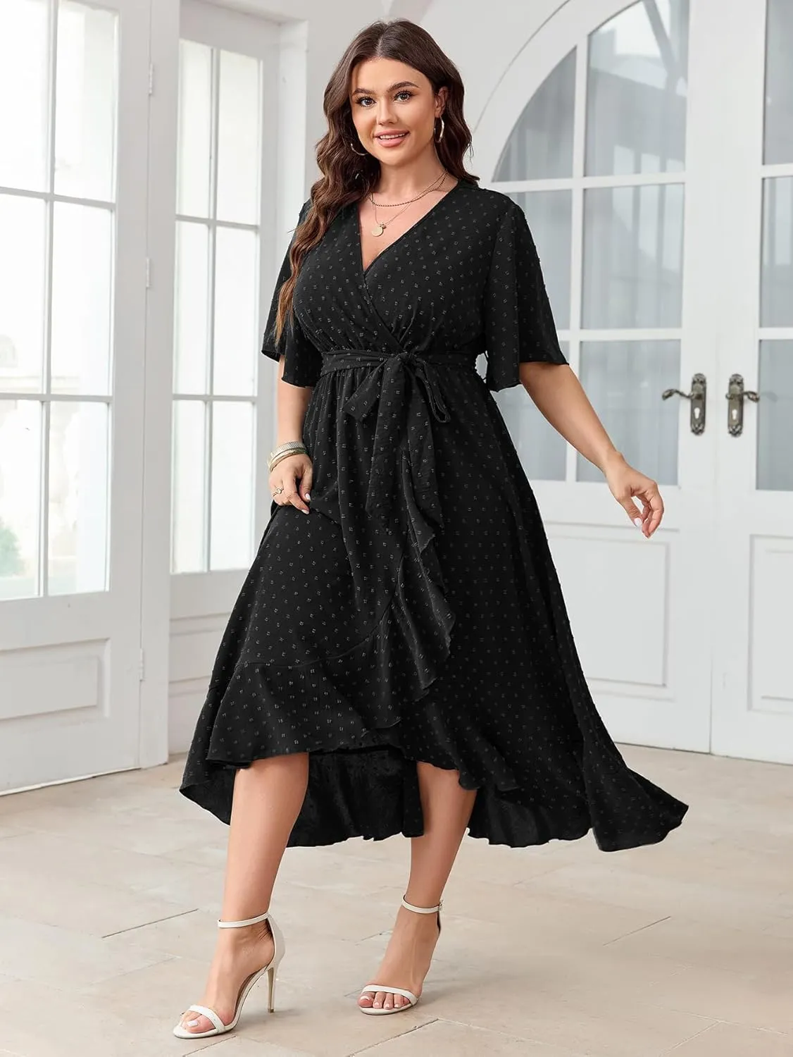 SCOMCHIC Women's Plus Size Summer Dresses Short Sleeve Wrap V Neck Swiss Dot Boho High Low Split Ruffle Maxi Dress