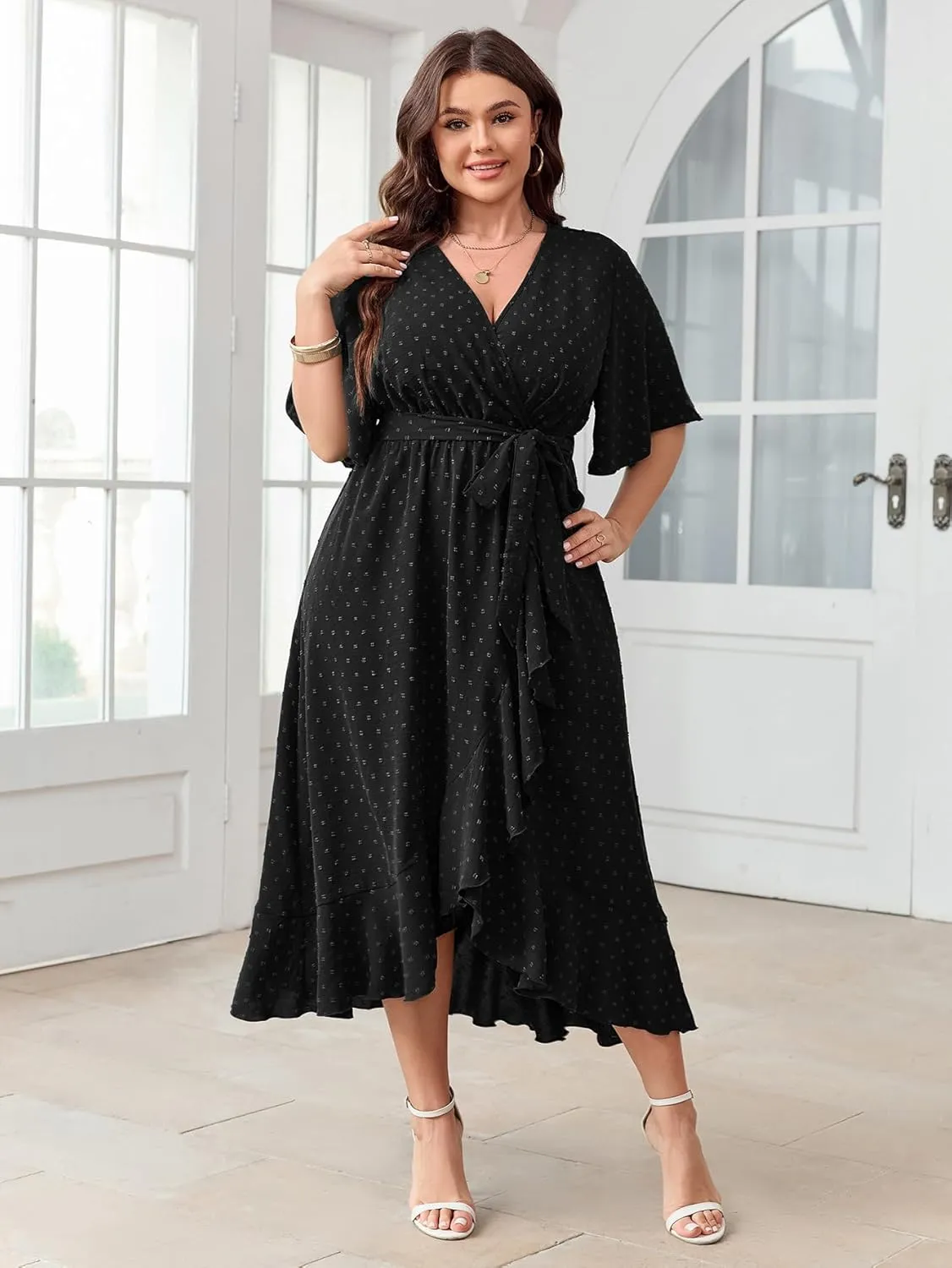 SCOMCHIC Women's Plus Size Summer Dresses Short Sleeve Wrap V Neck Swiss Dot Boho High Low Split Ruffle Maxi Dress