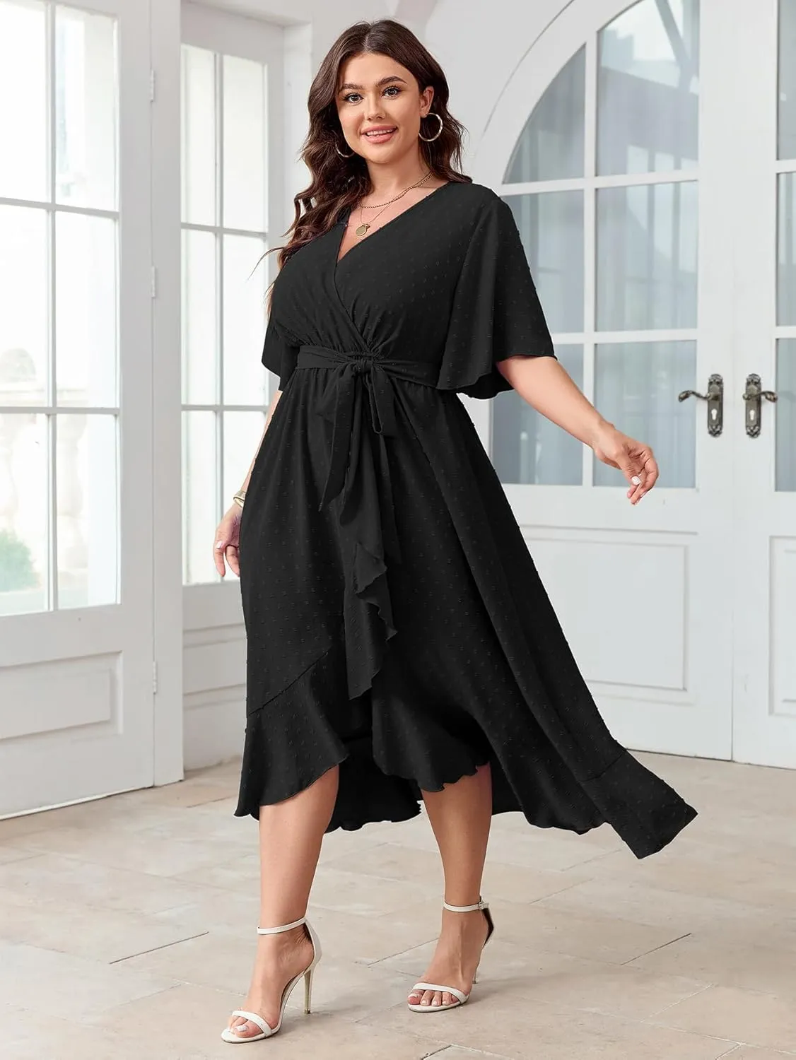 SCOMCHIC Women's Plus Size Summer Dresses Short Sleeve Wrap V Neck Swiss Dot Boho High Low Split Ruffle Maxi Dress
