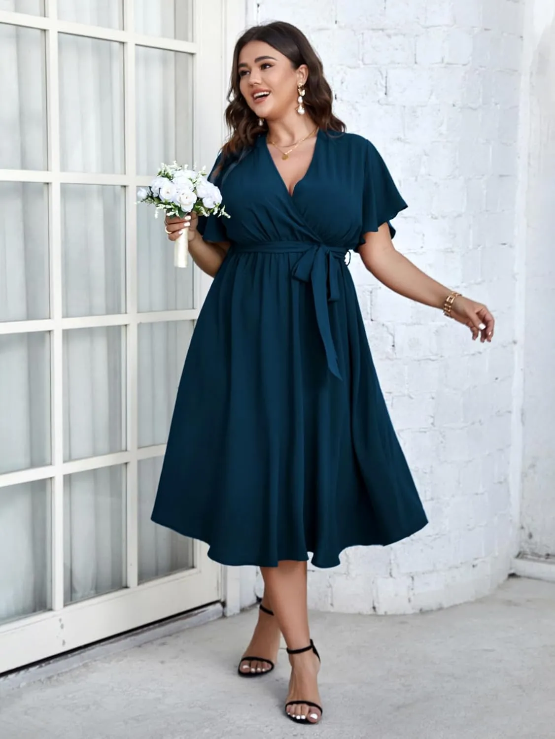 SCOMCHIC Womens Plus Size Wedding Guest Cocktail Midi Dress Summer Short Sleeve Wrap V Neck Belted A-Line Flowy Dress